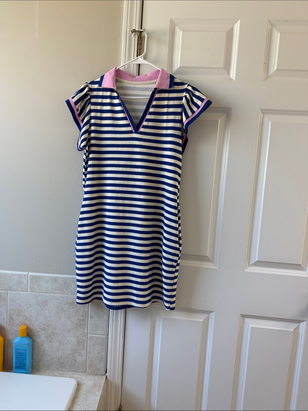 Women’s Navy and White Striped Polo Dress with Pink Trim
